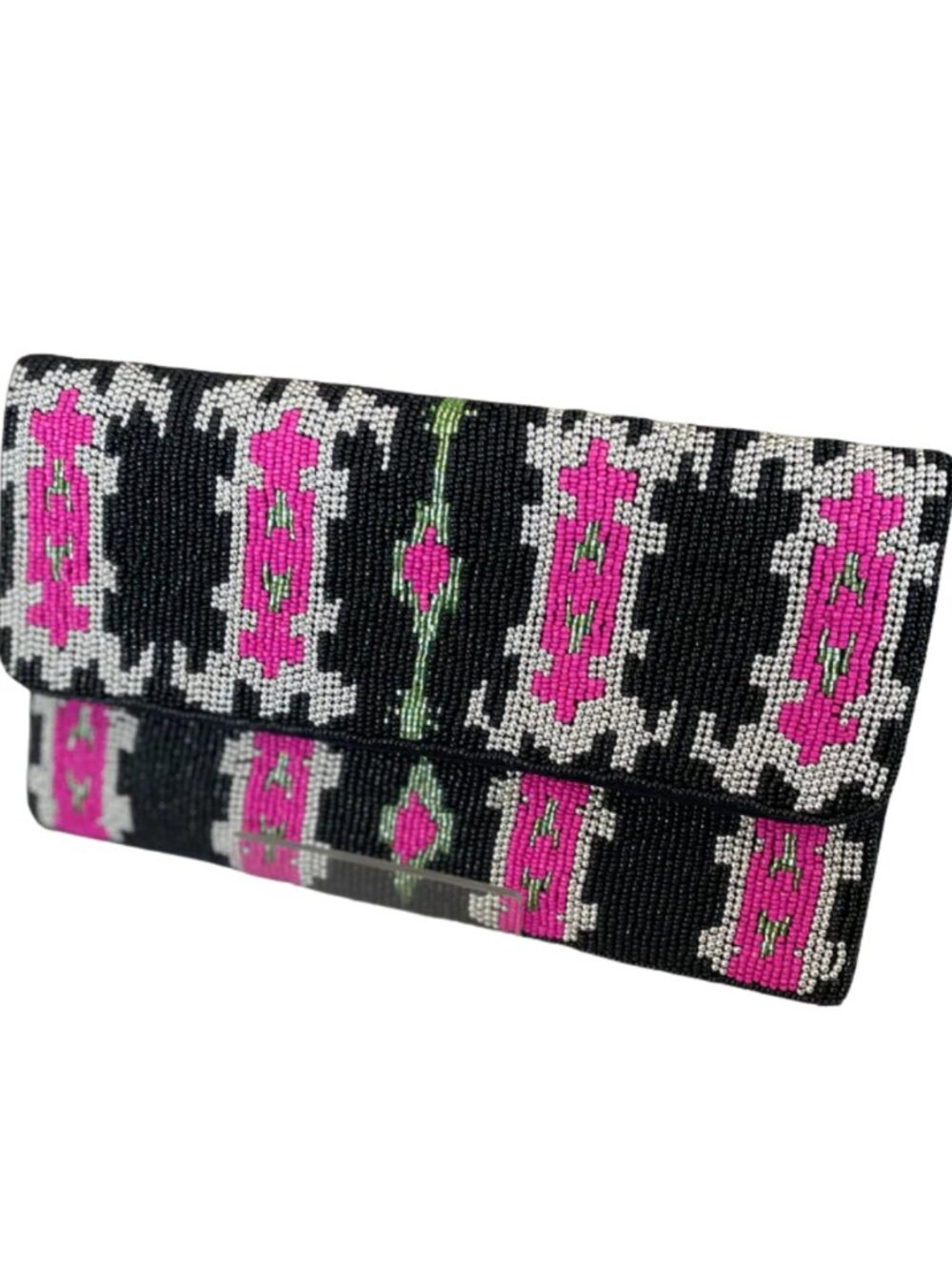 Black Fuchsia Ikat Pattern Boho Beaded Clutch Crossbody Bag Bohemian Vibe NEW